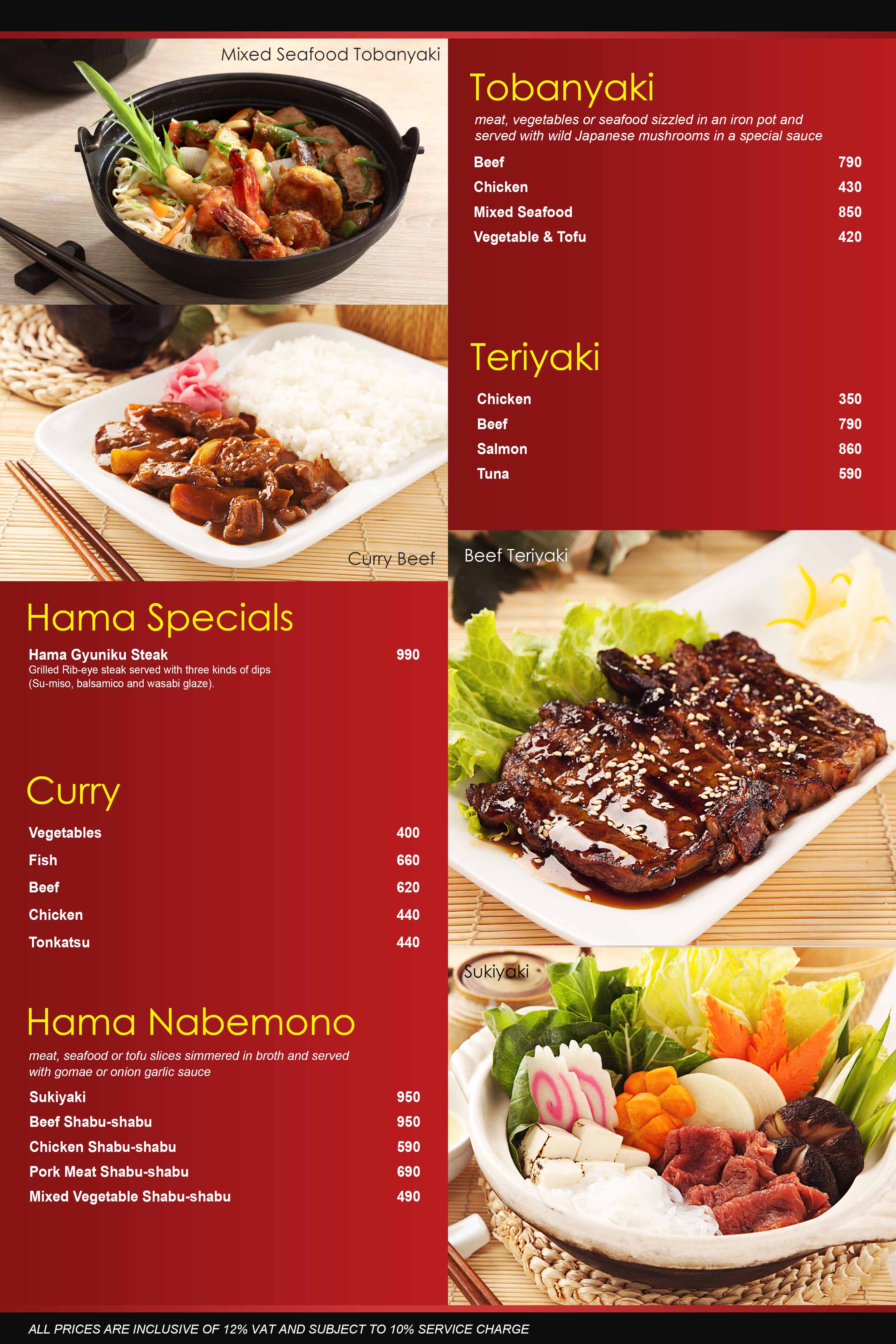 Tobanyaki, Teriyaki, Specials, Curry & Nabemono